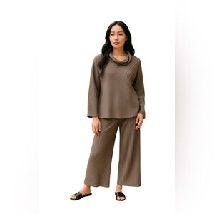 Fenini Lagen Look Plisse Pant Cowl‎ Neck Long Sleeve Set Grey Size Large Artsy